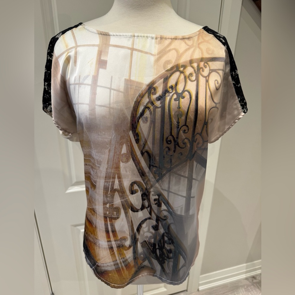 Promod Cream Graphic Short Sleeve Blouse, size M